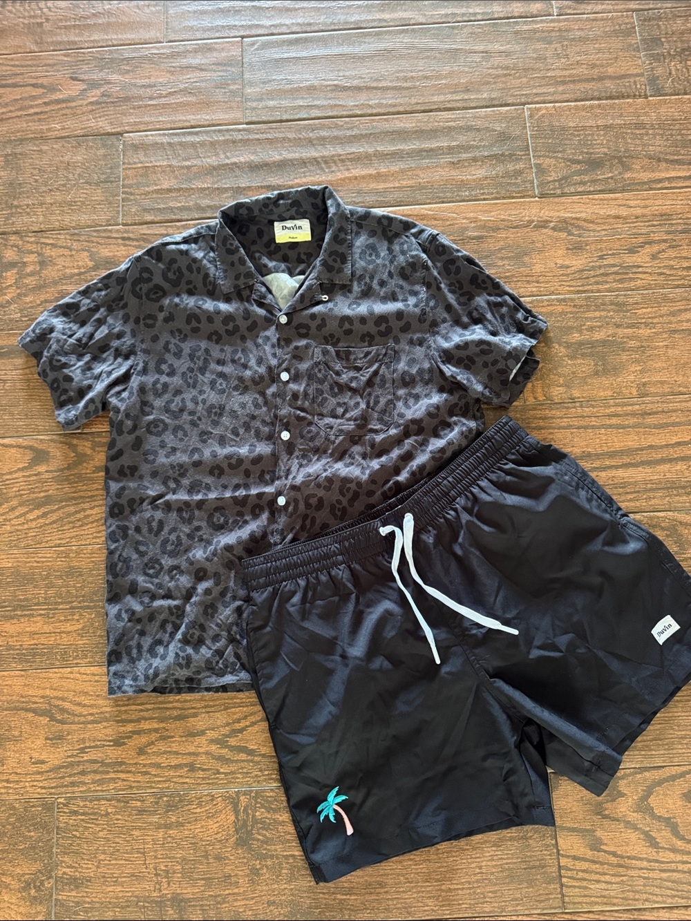 Duvin Leopard Print Button-Up Shirt & Black Swim Shorts Set